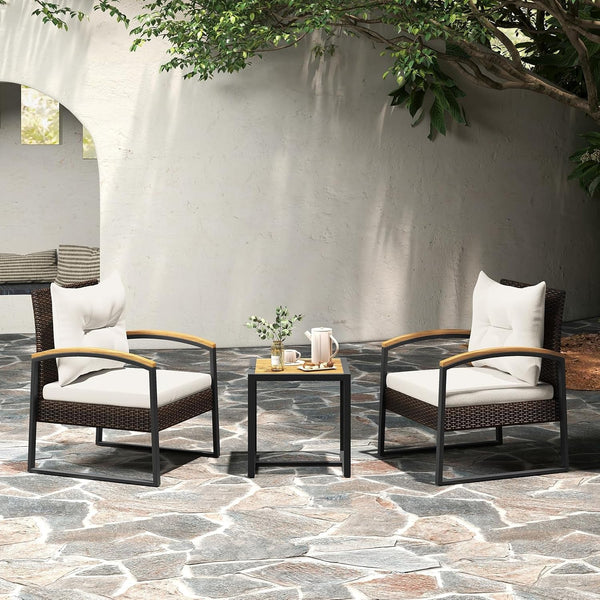 3 Piece Patio Conversation Set, Includes 2 Rattan Chairs and Coffee Table, Solid Acacia Wood Armrests & Tabletop, Outdoor Cushioned Wicker Furniture Set for Backyard, Poolside, Lawn, Garden4