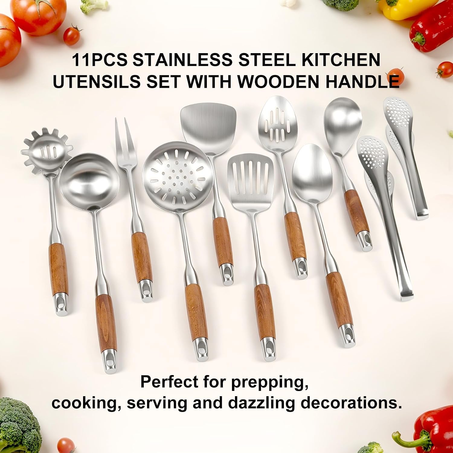 18-10-stainless-steel-cooking-utensils-set-wooden-handle-14-metal-kitchen-utensil-wok-tools-11pcs-cooking-spoon-set-with-tongs