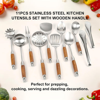 18/10 Stainless Steel Cooking Utensils Set Wooden Handle, 14" Metal Kitchen Utensil & Wok Tools, 11Pcs Cooking Spoon Set with Tongs5
