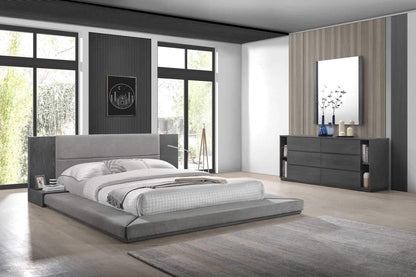 Eastern King Platform Bed, 102X96 In, Polyester Upholstered, Gray Wash Veneer Finish, Built-In Nightstands, Slatted Frame, Modern Bedroom Furniture1
