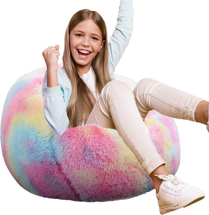 Fluffy Bean Bag Chair for Kids, 2.5FT round Memory Foam Filled Bean Bag for Teens & Kids, Ultra Soft Faux Fur Fabric Bean Bag Chairs for Playroom, Living Room, Bedroom, Rainbow1