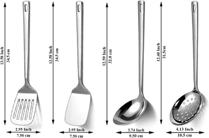 Stainless Steel Kitchen Utensils Set, 4-Piece – Slotted Turner, Solid Turner, Skimmer & Ladle – Rust-Resistant, Long Handle, Hanging Loop, Dishwasher Safe – Everyday Cooking & Serving2