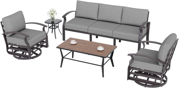 Aluminum Patio Furniture Set with Coffee Table Rectangular, 5-Seat Outdoor Sectional Furniture W/2 Swivel Chairs, Patio Conversation Set for Porch, Backyard, Poolside-Grey7