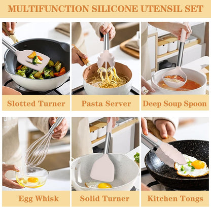 Silicone Cooking Utensil Set,  43 PCS Heat Resistant Kitchen Utensil Gadgets Set-Stainless Steel Handle- Kitchen Spatula Tools for Nonstick Cookware, Pots and Pans Accessories (Khaki)3