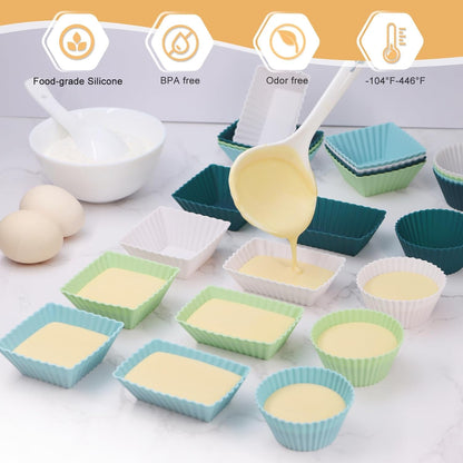 24Pack Silicone Muffin Cups, Reusable Cupcake Liners Molds for Baking, 3 Shapes Lunch Box Bento Dividers-Round, Square, and Rectangular (Neutral Colors, Regular Size)2