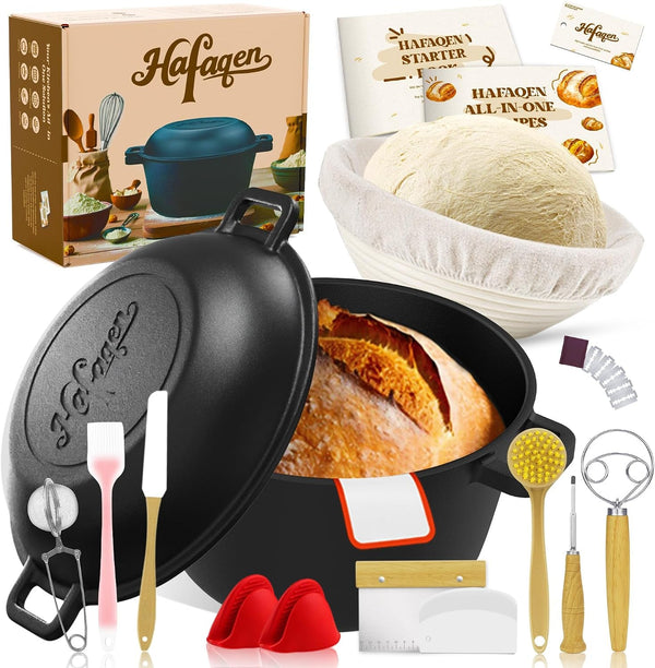 Cast Iron Dutch Oven Pot for Bread Baking 5Qt,With Skillet Lid Cooking Pan | Pre-Seasoned 2-In-1 Sourdough Bread Baking Pan with Proofing Basket and Baking Supplies, 11PCS Sourdough Starter Kit1