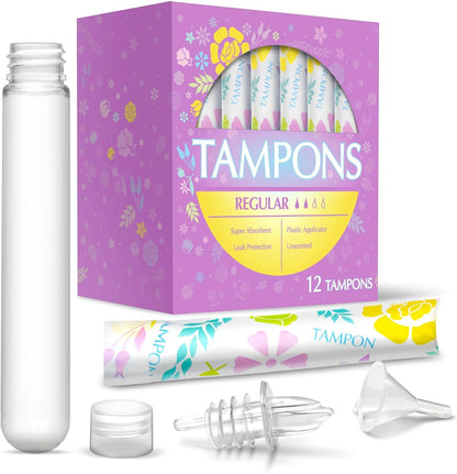 Tampon Flasks 12 Pack (18 Oz Total) - Hidden Alcohol Travel Flasks for Women - Secret Liquor Containers for Nightclubs, Festivals, Cruises, and Sports Events – Includes Funnel & Spout1