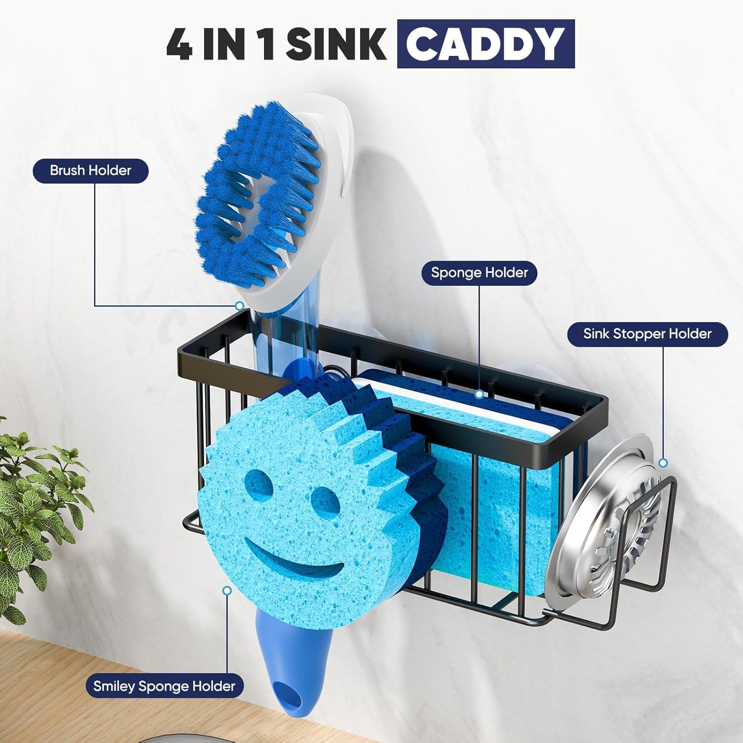 sponge-holder-for-kitchen-sink-sink-caddy-smiley-face-4-in-1-sponge-holder-with-suction-cups-1-pcs-adhesive-strips-for-holding-soap-brush-scrubber-sponge-stopper-black