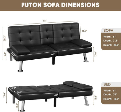Black Faux Leather Futon Sofa Bed, Loveseat with Adjustable Backrest | Futon Couch with Removable Armrests, Recliner Sleeper Sofa Bed with Dual Cup Holders for Living Room, Apartment, Office|Black4