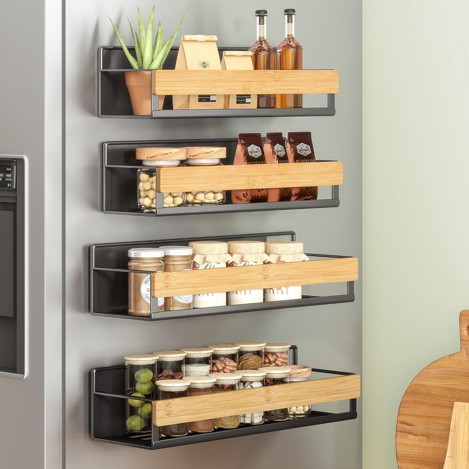 songmics-4-pack-strong-magnetic-real-bamboo-spice-racks-for-fridge-kitchen-organizer-shelf-11-8-x-4-1-x-3-10-6-x-3-6-x-3-in-ink-black-and-light-bamboo-bystro-collection-ukcs062bh01