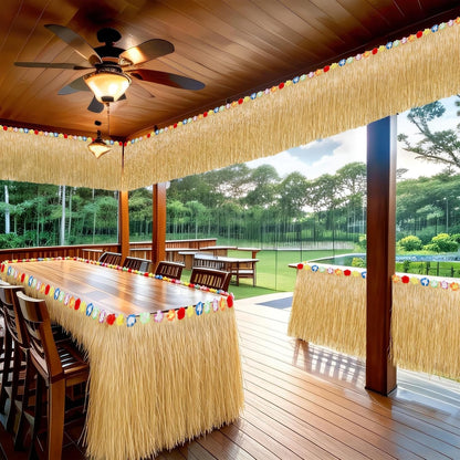 108X29.5In Hawaiian Grass Table Skirt for Luau Hawaiian Party Decorations | Luau Table Cloth, Waterproof Reusable, Reusable, Nylon Buckle Easy Setup, for Tiki Bar Summer Tropical Hula Parties Decor9