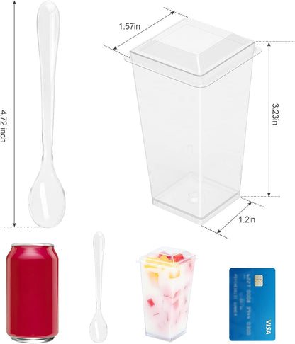 50 Pack 3 Oz Square Mini Dessert Cups with Lids and Spoons Clear Dessert Shooter Cups with Spoons Parfait Cups with Lids Appetizer Cups for Party Small Plastic Dessert Cups for Pudding2