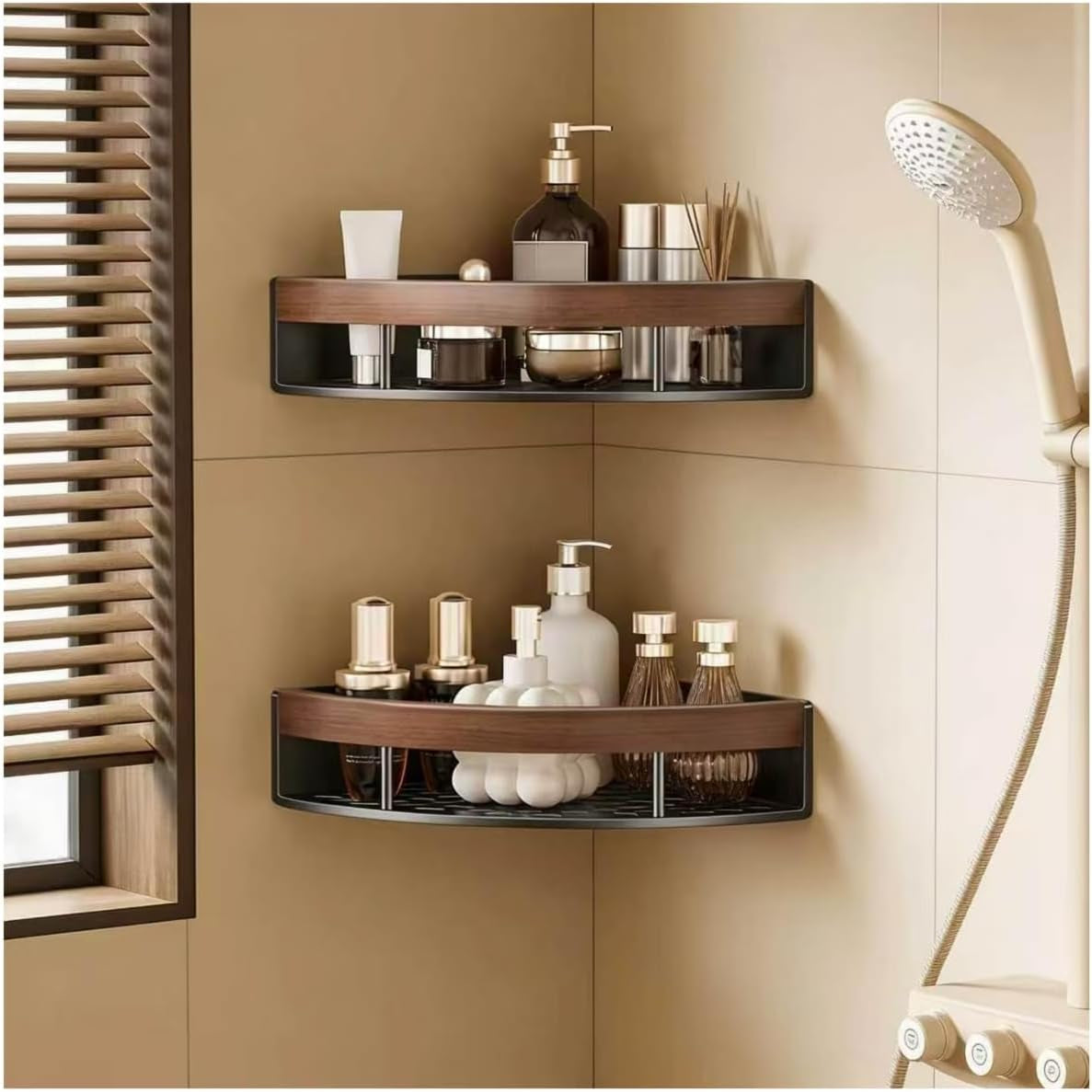 2-pack-corner-shower-caddy-with-walnut-wooden-shelf-wall-mounted-bathroom-organizer-matte-black-aluminum-alloy-storage-rack-for-toilet-dorm-and-kitchen