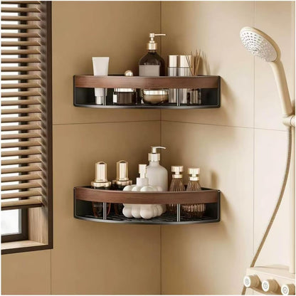 2-Pack Corner Shower Caddy with Walnut Wooden Shelf, Wall Mounted Bathroom Organizer, Matte Black Aluminum Alloy Storage Rack for Toilet, Dorm and Kitchen1