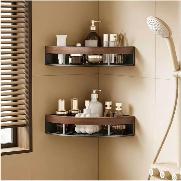 2-Pack Corner Shower Caddy with Walnut Wooden Shelf, Wall Mounted Bathroom Organizer, Matte Black Aluminum Alloy Storage Rack for Toilet, Dorm and Kitchen1