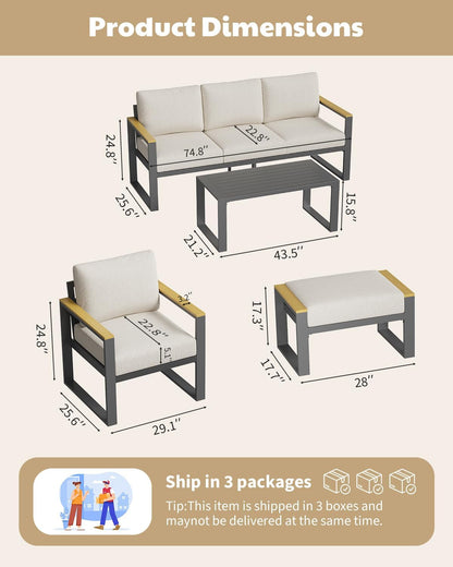 7 Seats Aluminum Outdoor Patio Conversation Sets with Coffee Table, 6 Pieces Metal Conversation Sectional Furniture Sofa for Balcony, Garden, Deck, Backyard,Beige5