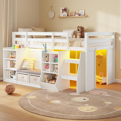 Low Loft Bed Twin Size with LED Lights, Wooden Kids Twin Loft Bed with Storage Bookcase, Toy Box, Reading Nook and Secret Play Space, Modern Loft Bed with Stairs and Safety Guardrails for Boys Girls1
