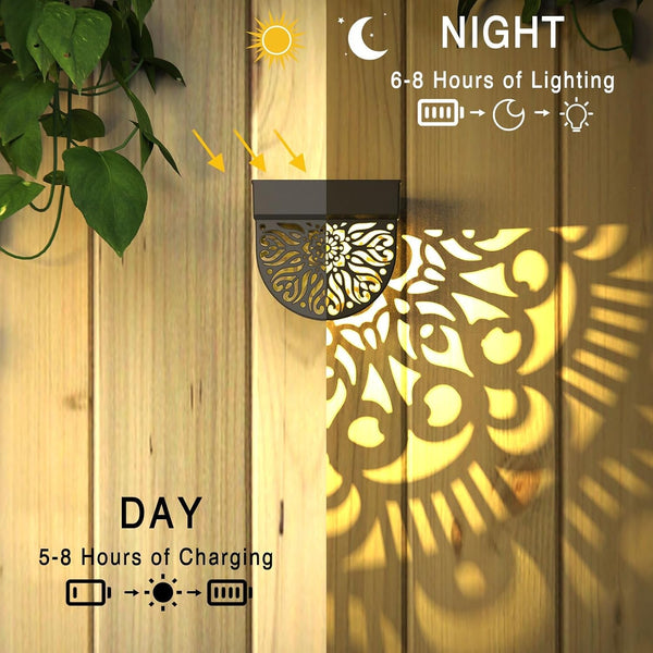 6 Pack Solar Fence Lights Outdoor Wall Lights Black Plastic Solar Powered Deck Step Stair Lights Mandala Theme Waterproof Fence Solar Light for Garden Post Patio Backyard Yard Decor7