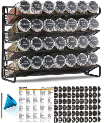 Spice Rack Organizer with 28 Spice Jars, 386 Spice Labels, Chalk Marker and Funnel Set for Cabinet, Countertop, Pantry, Cupboard or Door & Wall Mount - 28 Jars, 13.4" W × 10.8" H, Black1