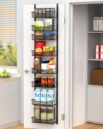 12.3" W Narrow over the Door Pantry Organizer, 8-Tier over the Door Organizer with Adjustable Basket, Pantry Door Organization for Pantry Kitchen Storage Room Spice Rack, Black1