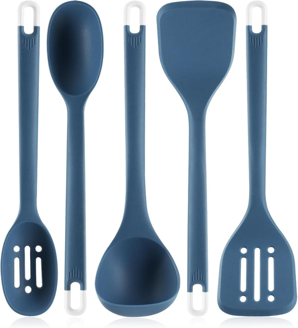 Silicone Kitchen Cooking Utensils Set: Heat Resistant 13Inch Long Kitchen Gadgets, BPA Free Non Stick Rubber Cook Accessories for Food Prep, Frying, Serving, Basting (Dark Blue)1