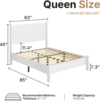 Queen Size Platform Bed Frame with Wood Headboard, White2
