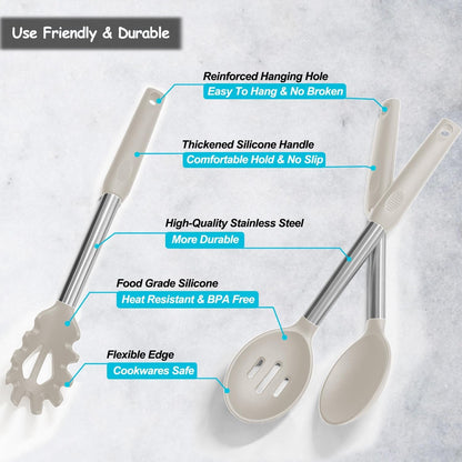 Silicone Spatula and Cooking Spoon,5 Pack Non-Stick Cooking Utensils for Kitchen，Heat Resistant Solid & Slotted Spoons and Spatulas, Stainless Steel Handle Coated with Silicone, Khaki4