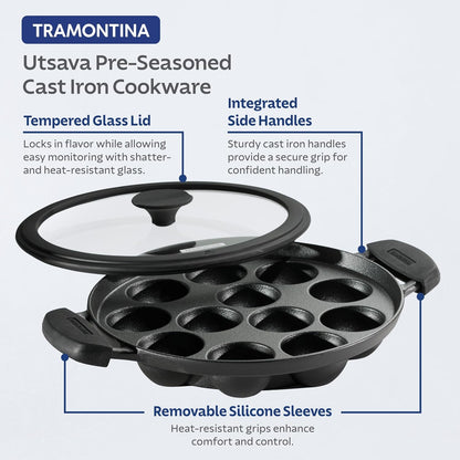 Utsava Pre-Seasoned Cast Iron 12-Hole Appam Pan | Appe Pan with Lid, Great for Paniyaram, Takoyaki and More3
