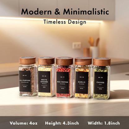 Glass Spice Jars with Label, 24X Acacia Wooden Lids - Black Labels2