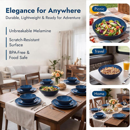 12Pcs Melamine Dinnerware Sets,Blue Melamine Plates and Bowls Set for 48