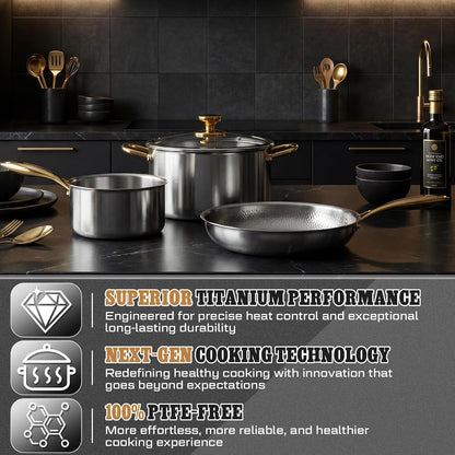 Titanium Pots and Pans Set,6 Pcs,Essential Cookware Set | Titanium Pans for Cooking with Lids, Spoon, Spatula, Triply Titanium No Coating for Induction, Cooktops, Safe up to 1000°F2