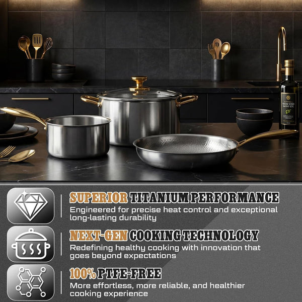 Titanium Pots and Pans Set,6 Pcs,Essential Cookware Set | Titanium Pans for Cooking with Lids, Spoon, Spatula, Triply Titanium No Coating for Induction, Cooktops, Safe up to 1000°F2
