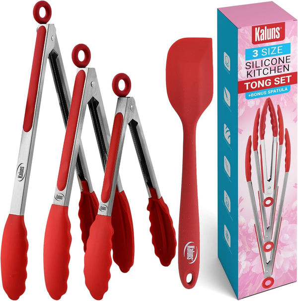 Kitchen Tongs for Cooking Grilling Set of 4, BBQ Grill Tongs with Silicone Tip Stainless Steel Heat Resistant, Non-Stick Pull Lock, Incl 7, 9, 12 Inch Tong plus a Silicone Spatula1