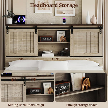 Queen Size Bed Frame with Storage Headboard, Reading Lights, Oak6