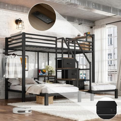 Twin Triple Bunk Bed for 3 with Storage Stair and Drawers, Black3