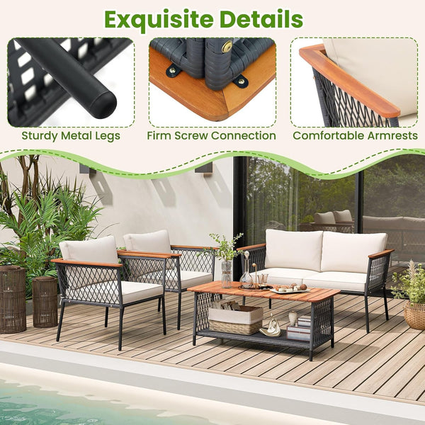 4 Piece Patio Furniture Set, Patiojoy Rattan Chair Set W/ 2-Tier Coffee Table, Acacia Wood Armrests & Tabletop, Soft Seat & Back Cushions, Outdoor Wicker Conversation Set9