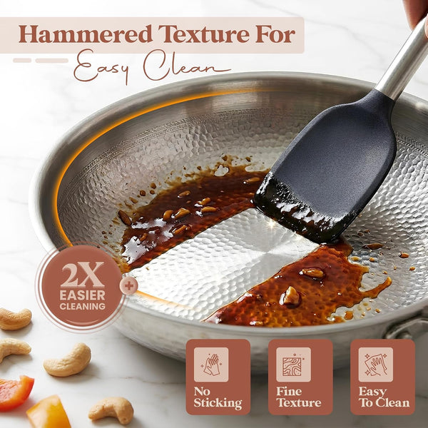 Titanium Frying Pan, Hammered Non-Stick Skillet with Glass Lid & 4 Spatulas, Pfas/Pfoa/Ptfe-Free, Tri-Ply Stainless Steel, Induction & Oven Safe, Dishwasher Safe Cookware4