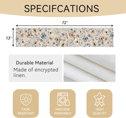 Watercolor Floral Table Runner, Blue Beigeneutral Linentexture,13X72Inches3
