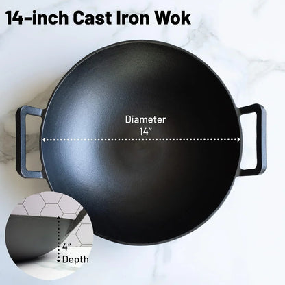 14 Inch Cast Iron Wok with Flat Base and Handles2