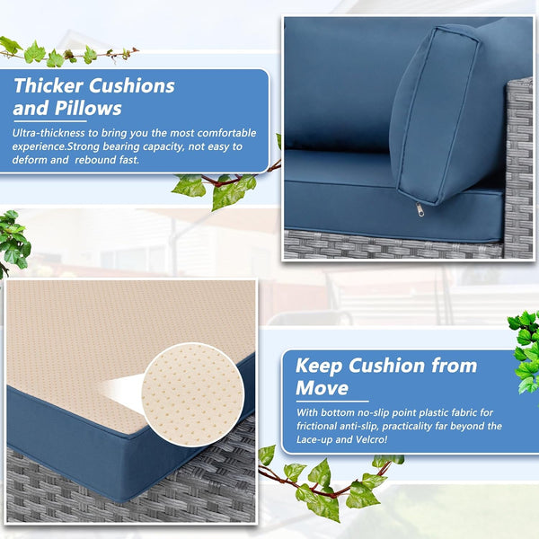 7 Piece Outdoor Patio Furniture Set with Silver PE Rattan, Navy Blue5