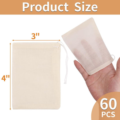 60 Pcs Spice Bags for Cooking, Muslin Reusable Tea Bag Drawstring Sachet | 3X4 Inch Unbleached Natural Cotton Bag for Soup, Loose Leaf Tea, Herb, Empty Cheese Cloth Bag for Straining2