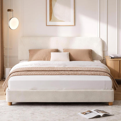 Queen Cloud Bed Frame, Wood Boucle Upholstered Platform Bed, Cream White1