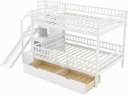 Full over Full Bunk Bed with Storage Staircase, Slide and 2 Drawers, Wood Bunk Bed Frame for Kids, Solid Pine Wood Bed with Guardrail, No Box Spring Needed, White6