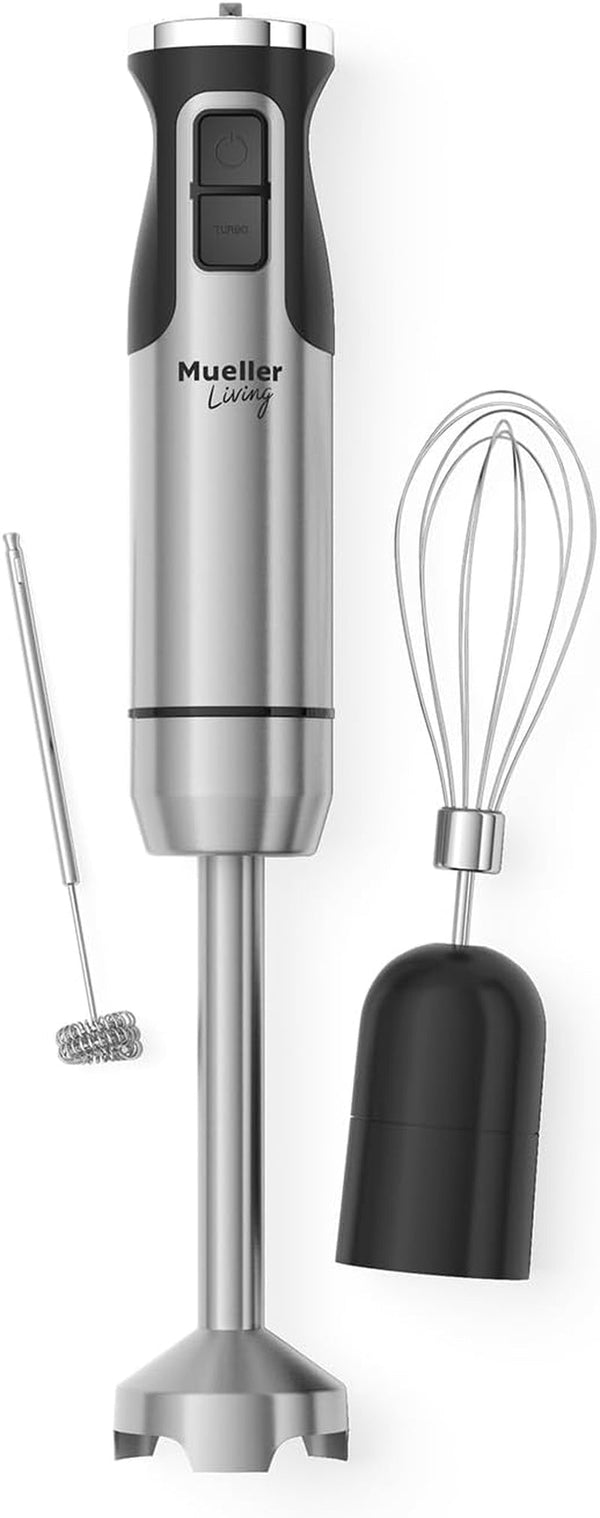 living Ultra-Stick Immersion Hand Blender, 500W Heavy Duty Motor, 8-Speed Turbo Setting, Includes Blending Shaft, Whisk, Milk Frother & Measuring Beaker | 500W Heavy Duty Motor | 8-Speed Turbo Setting | Includes Blending Shaft, Whisk, Milk Frother & Measuring Beaker1