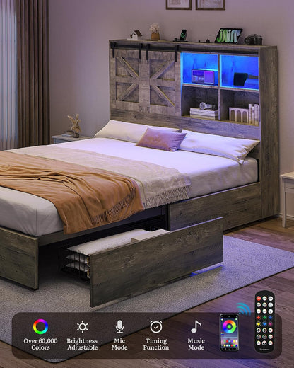 Farmhouse Queen Size Bed with 50" Tall Storage Bookcase Headboard5