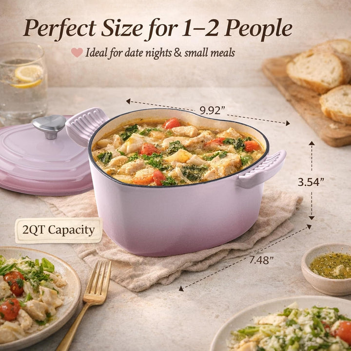 Heart Shaped Dutch Oven, Enameled Cast Iron, 2 Qt Pink | Heart-Shaped Design • 2 Qt Capacity • Oven Safe to 500°F • Induction Compatible • Nonstick Enamel Interior Cookware+2