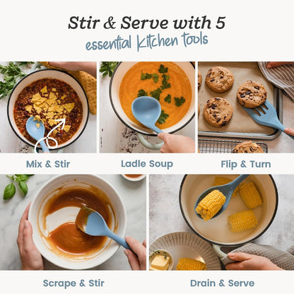 Starpack Stir and Serve Silicone Cooking Utensils Set (5-Piece, 11") - LFGB Non Toxic, 600°F Heat Resistant, Bpa-Free - One-Piece Seamless, Dishwasher Safe - for Nonstick Cookware, Light Blue2