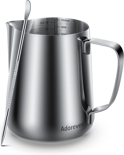 Milk Frothing Pitcher, 8.5Oz/12Oz/20Oz/32Oz/50Oz/66Oz Milk Frother Cup Stainless Steel, Espresso Accessories, Milk Steaming Pitchers Coffee Cappuccino Latte Art Barista Milk Jug Cup with Art Pen,12Oz1