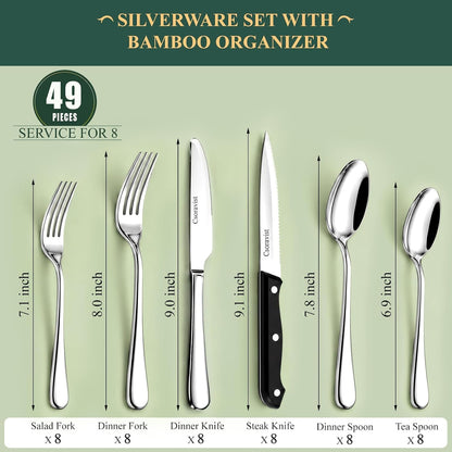 49-Piece Silverware Set with Bamboo Organizer,Flatware Utensil Set for 8 | Heavy-Duty Stainless Steel, Cutlery Set with Steak Knives, Rust-Proof, Dishwasher Safe2