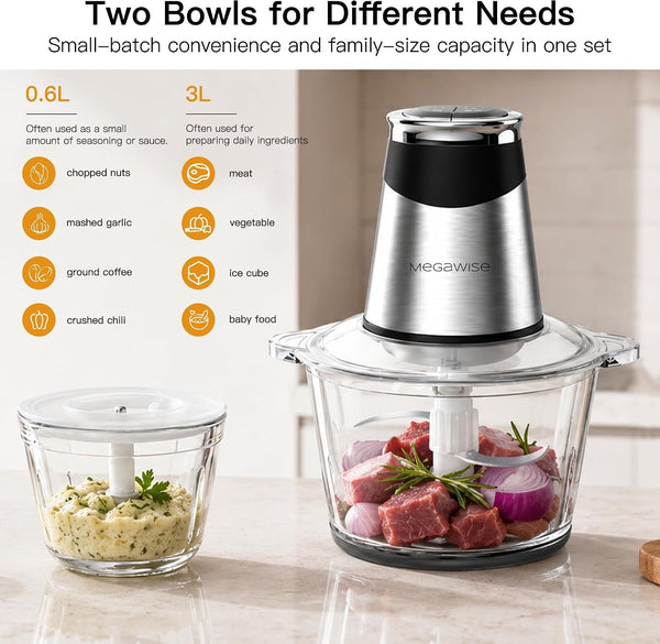 Food Processor with 500W Powerful Copper-Core Motor, Electric Food Chopper with Meat Grinder & Vegetable Chopper, 2 Bowls (0.6L & 3L Glass Bowls),Double-Layer Blades for Fruits/Meat/Nuts2